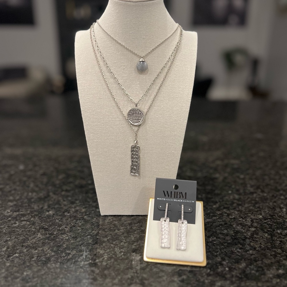 White House Black Market Silver Layered Necklace and Earring Set